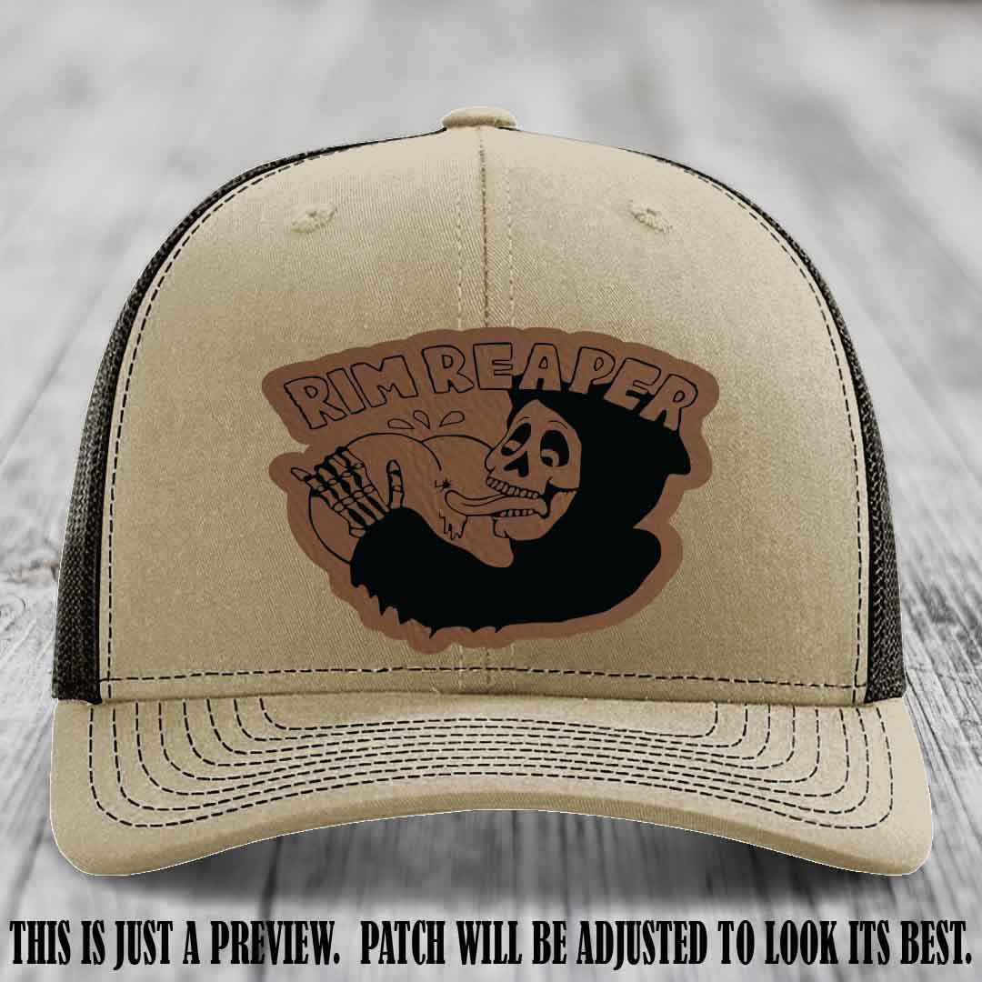 Rim Reaper Dark Brown to Black Patch Leather Patch on Richardson 112 Khaki to Coffee Hat