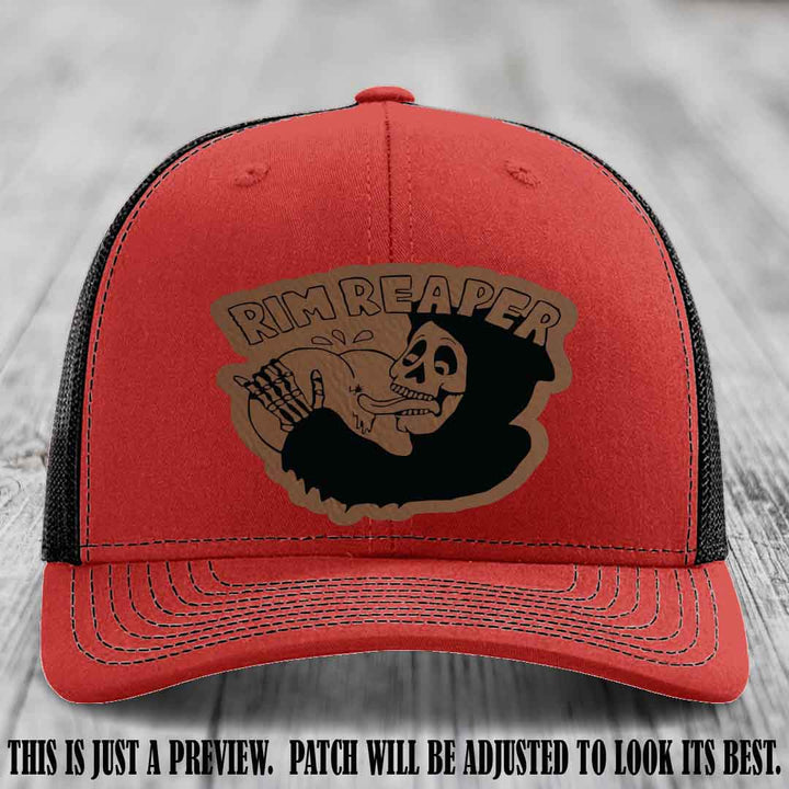 Rim Reaper Dark Brown to Black Patch Leather Patch on Richardson 112 Red to Black Hat