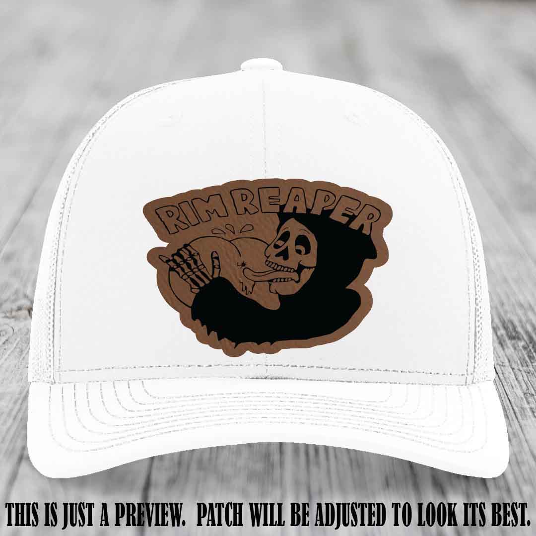 Rim Reaper Dark Brown to Black Patch Leather Patch on Richardson 112 White Hat