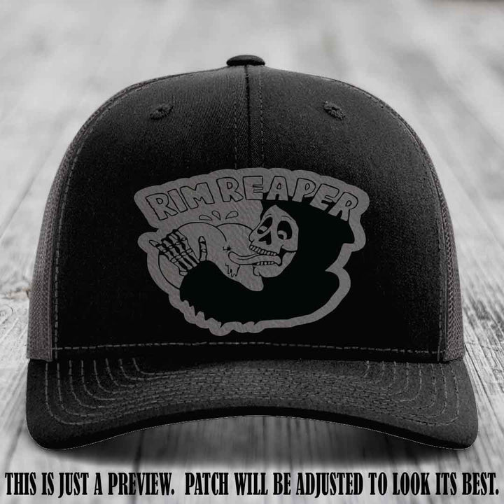 Rim Reaper Grey to Black Patch Leather Patch on Richardson 112 Black to Charcoal Hat