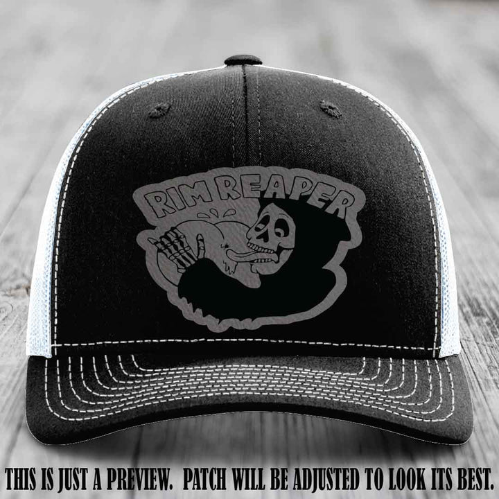 Rim Reaper Grey to Black Patch Leather Patch on Richardson 112 Black to White Hat
