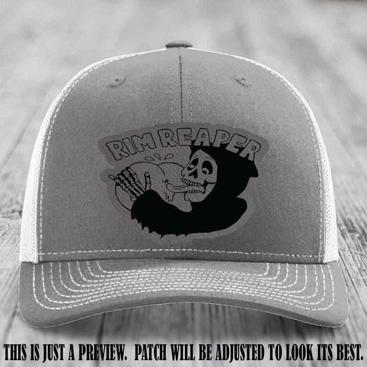 Rim Reaper Grey to Black Patch Leather Patch on Richardson 112 Heather Grey to White Hat