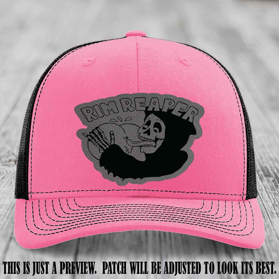 Rim Reaper Grey to Black Patch Leather Patch on Richardson 112 Hot Pink to Black Hat