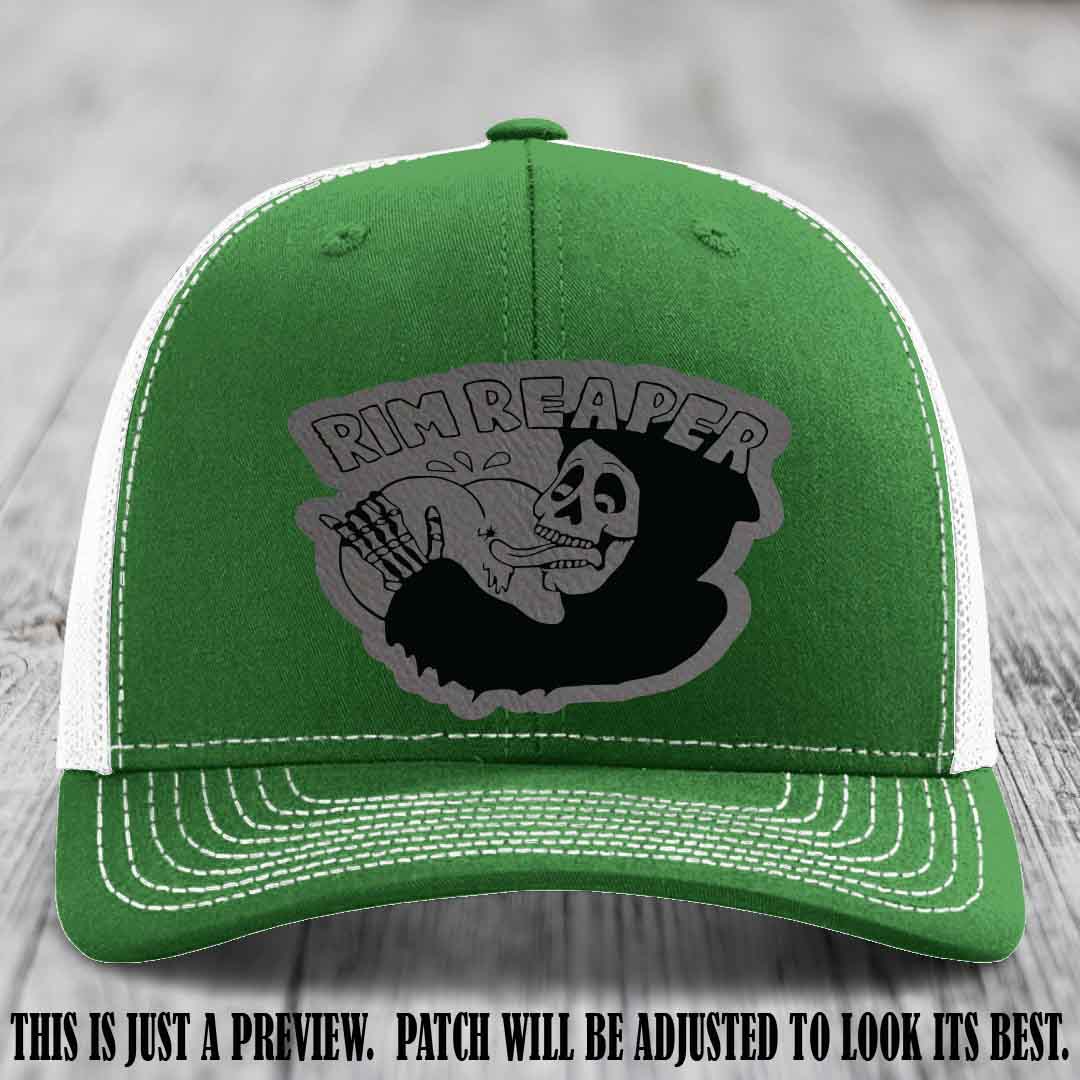 Rim Reaper Grey to Black Patch Leather Patch on Richardson 112 Kelly to White Hat