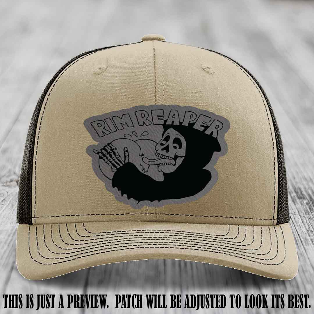 Rim Reaper Grey to Black Patch Leather Patch on Richardson 112 Khaki to Coffee Hat