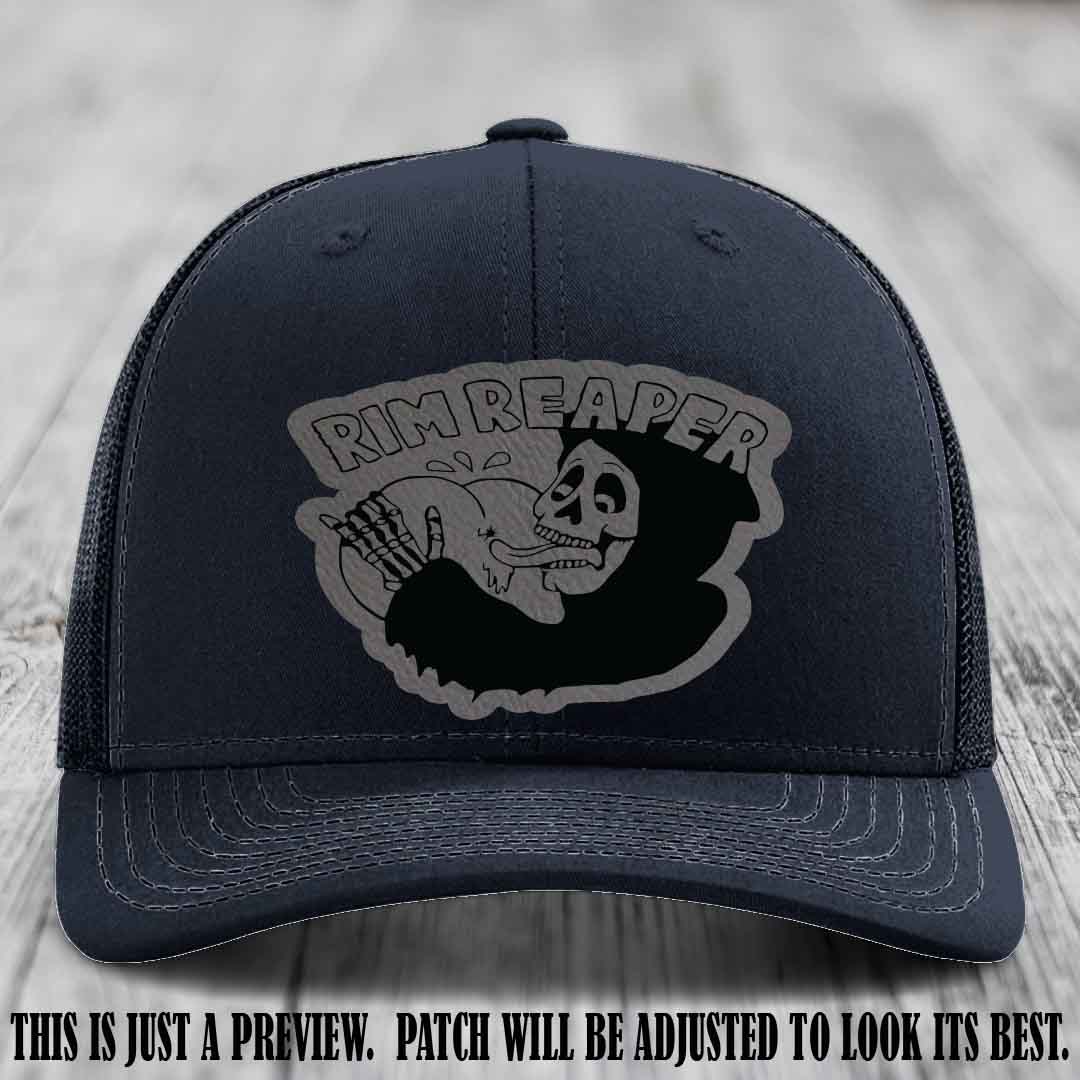 Rim Reaper Grey to Black Patch Leather Patch on Richardson 112 Navy Hat