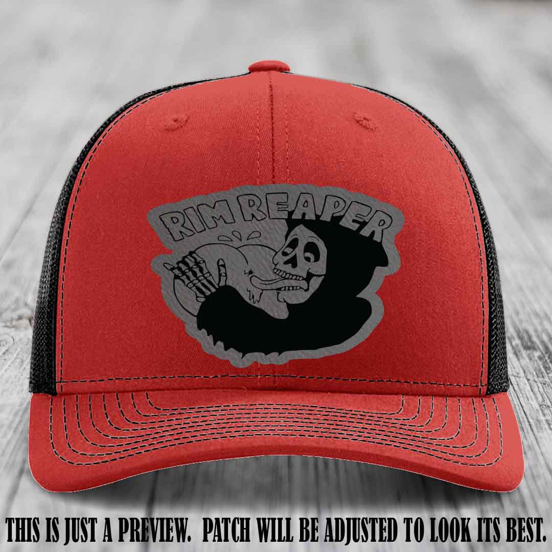 Rim Reaper Grey to Black Patch Leather Patch on Richardson 112 Red to Black Hat