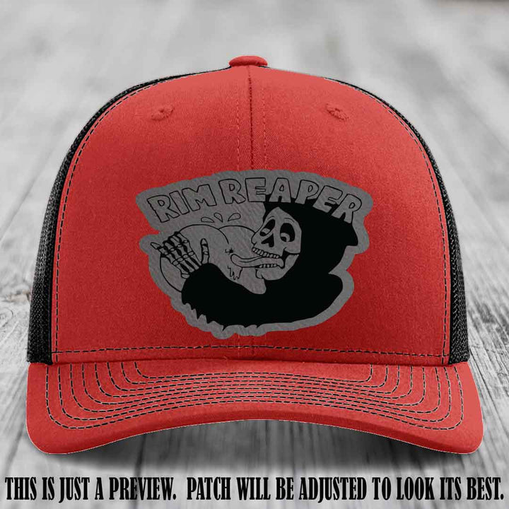 Rim Reaper Grey to Black Patch Leather Patch on Richardson 112 Red to Black Hat