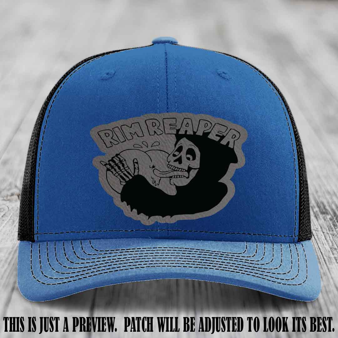 Rim Reaper Grey to Black Patch Leather Patch on Richardson 112 Royal to Black Hat
