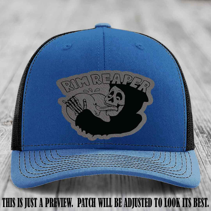 Rim Reaper Grey to Black Patch Leather Patch on Richardson 112 Royal to Black Hat