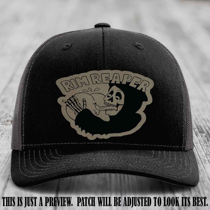 Rim Reaper Light Brown to Black Patch Leather Patch on Richardson 112 Black to Charcoal Hat