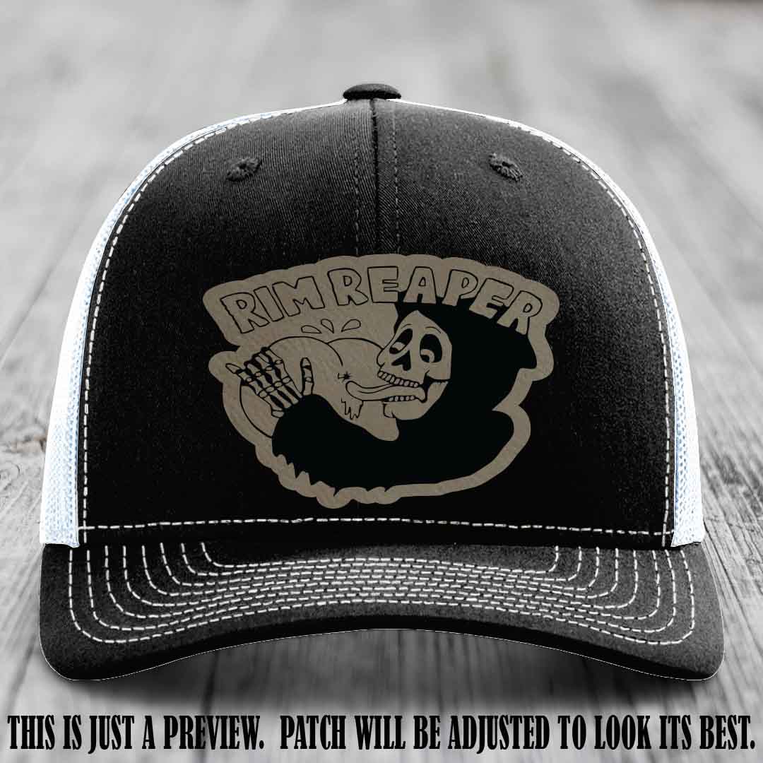 Rim Reaper Light Brown to Black Patch Leather Patch on Richardson 112 Black to White Hat