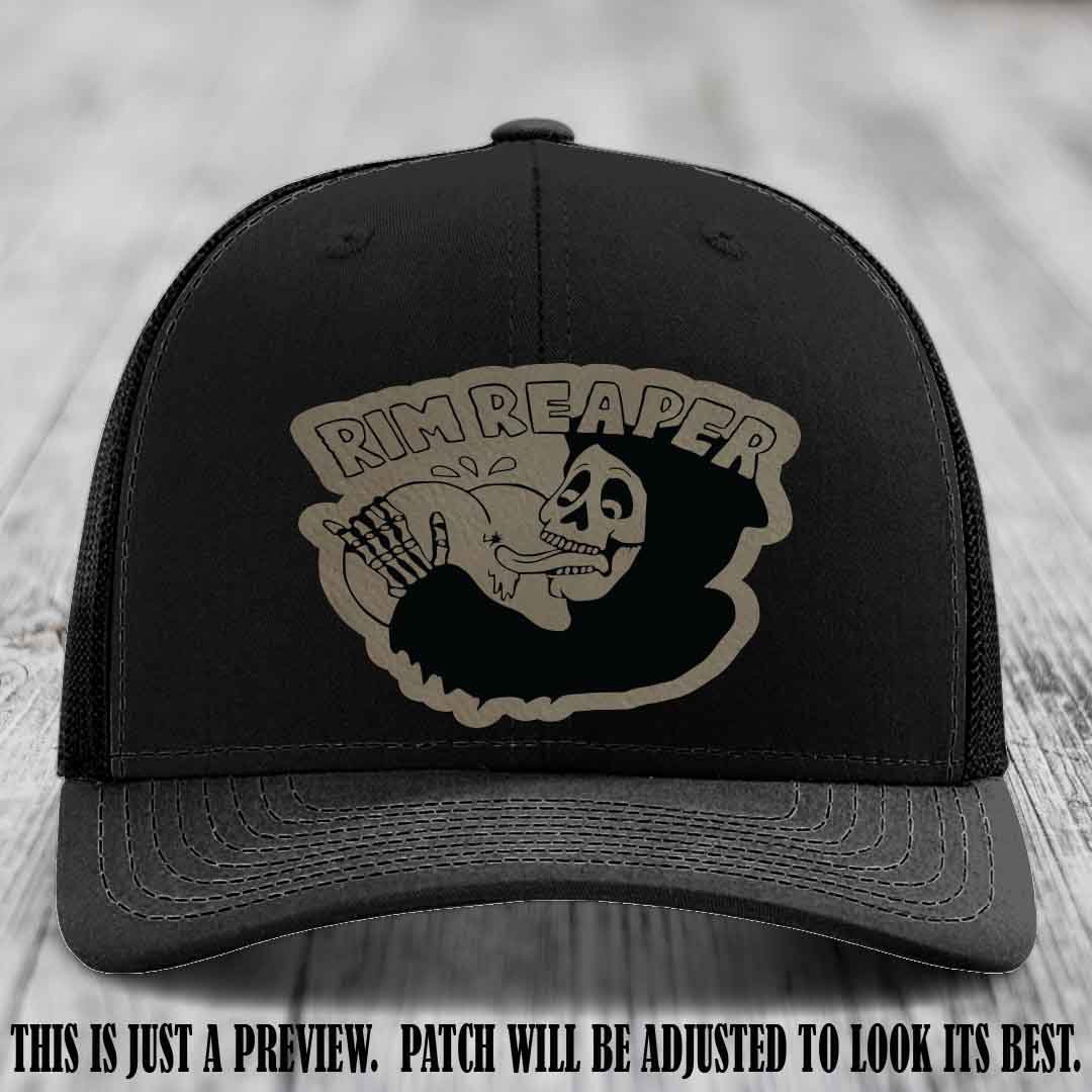 Rim Reaper Light Brown to Black Patch Leather Patch on Richardson 112 Black Hat