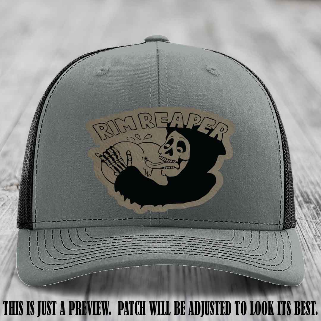 Rim Reaper Light Brown to Black Patch Leather Patch on Richardson 112 Heather Grey to Black Hat