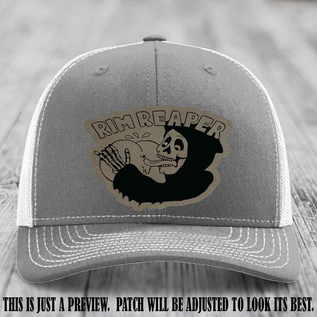 Rim Reaper Light Brown to Black Patch Leather Patch on Richardson 112 Heather Grey to White Hat