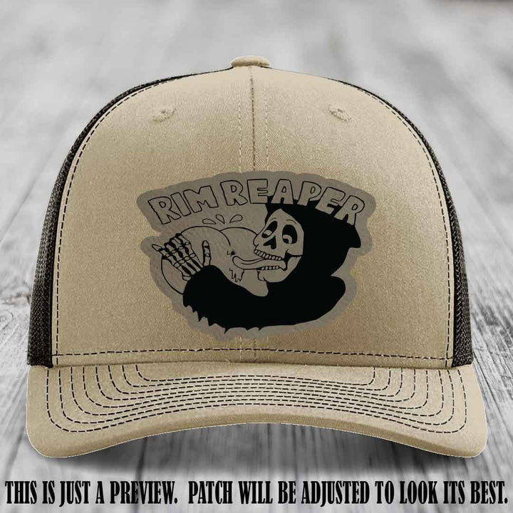 Rim Reaper Light Brown to Black Patch Leather Patch on Richardson 112 Khaki to Coffee Hat