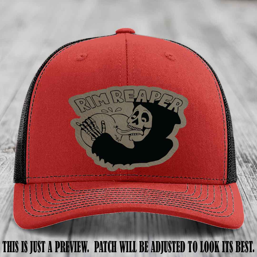 Rim Reaper Light Brown to Black Patch Leather Patch on Richardson 112 Red to Black Hat