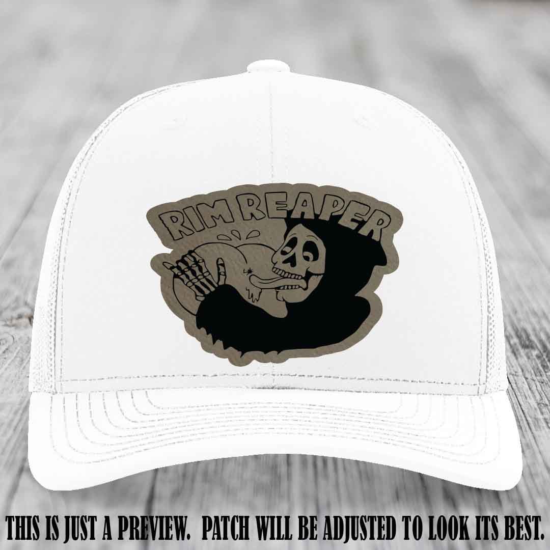 Rim Reaper Light Brown to Black Patch Leather Patch on Richardson 112 White Hat