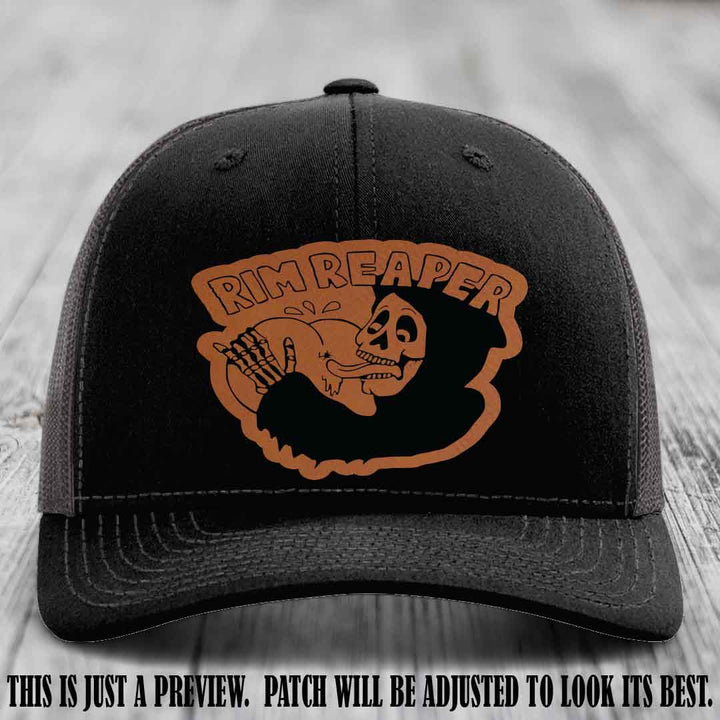 Rim Reaper Rawhide to Black Patch Leather Patch on Richardson 112 Black to Charcoal Hat
