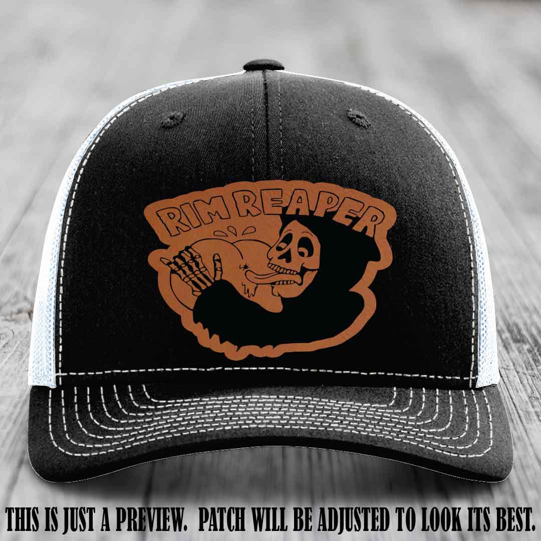 Rim Reaper Rawhide to Black Patch Leather Patch on Richardson 112 Black to White Hat