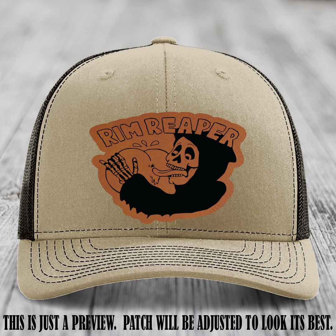 Rim Reaper Rawhide to Black Patch Leather Patch on Richardson 112 Khaki to Coffee Hat