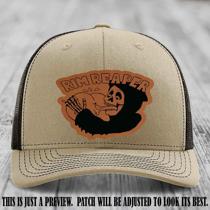 Rim Reaper Rawhide to Black Patch Leather Patch on Richardson 112 Khaki to Coffee Hat