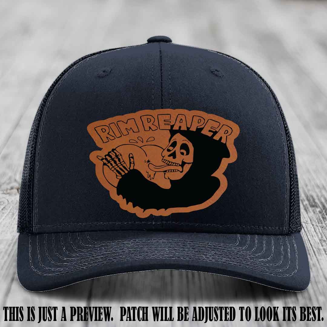 Rim Reaper Rawhide to Black Patch Leather Patch on Richardson 112 Navy Hat