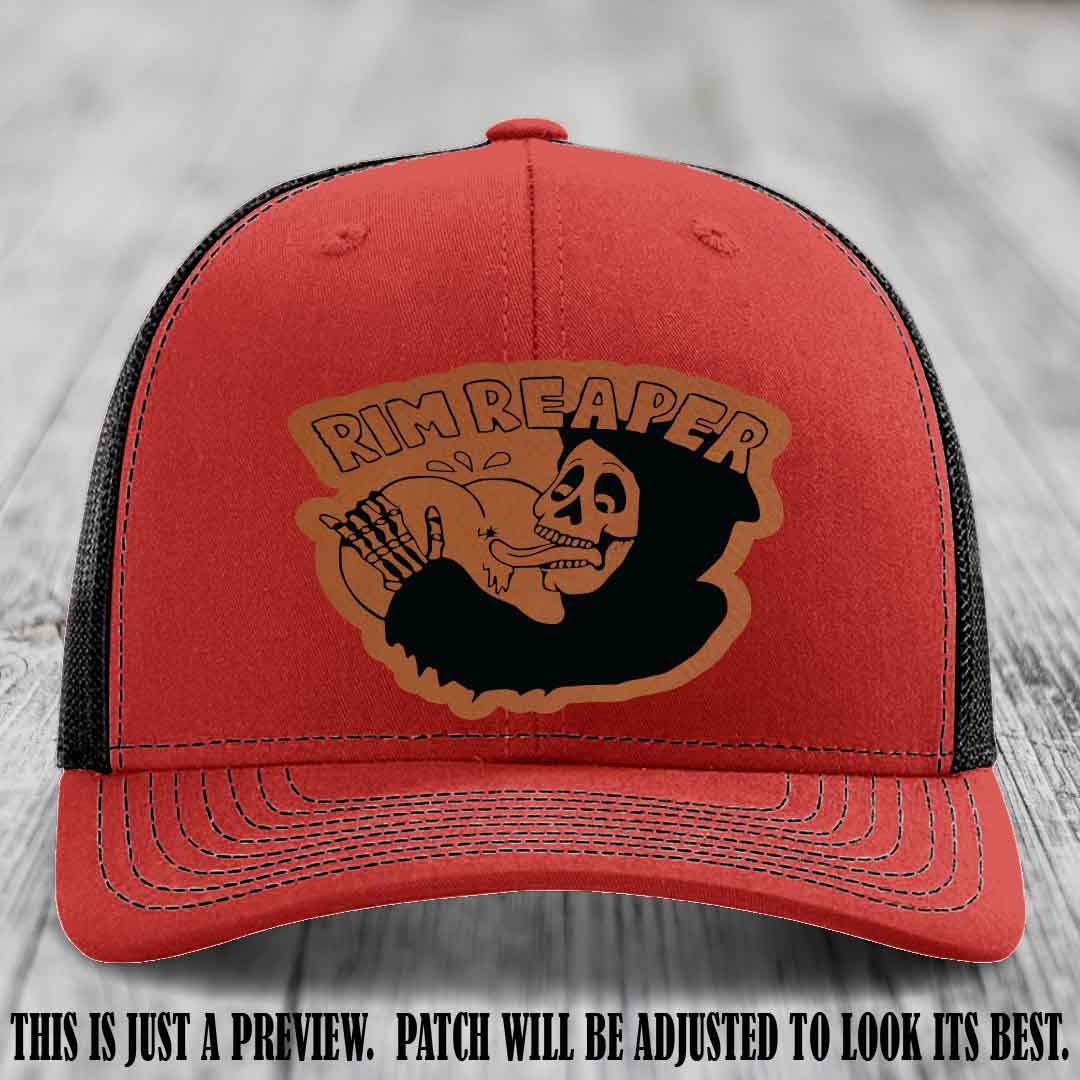 Rim Reaper Rawhide to Black Patch Leather Patch on Richardson 112 Red to Black Hat
