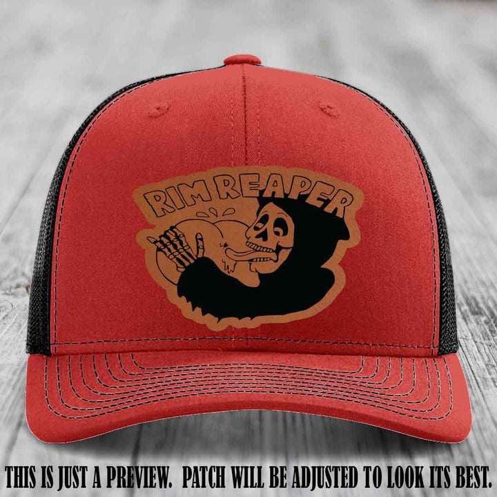 Rim Reaper Rawhide to Black Patch Leather Patch on Richardson 112 Red to Black Hat