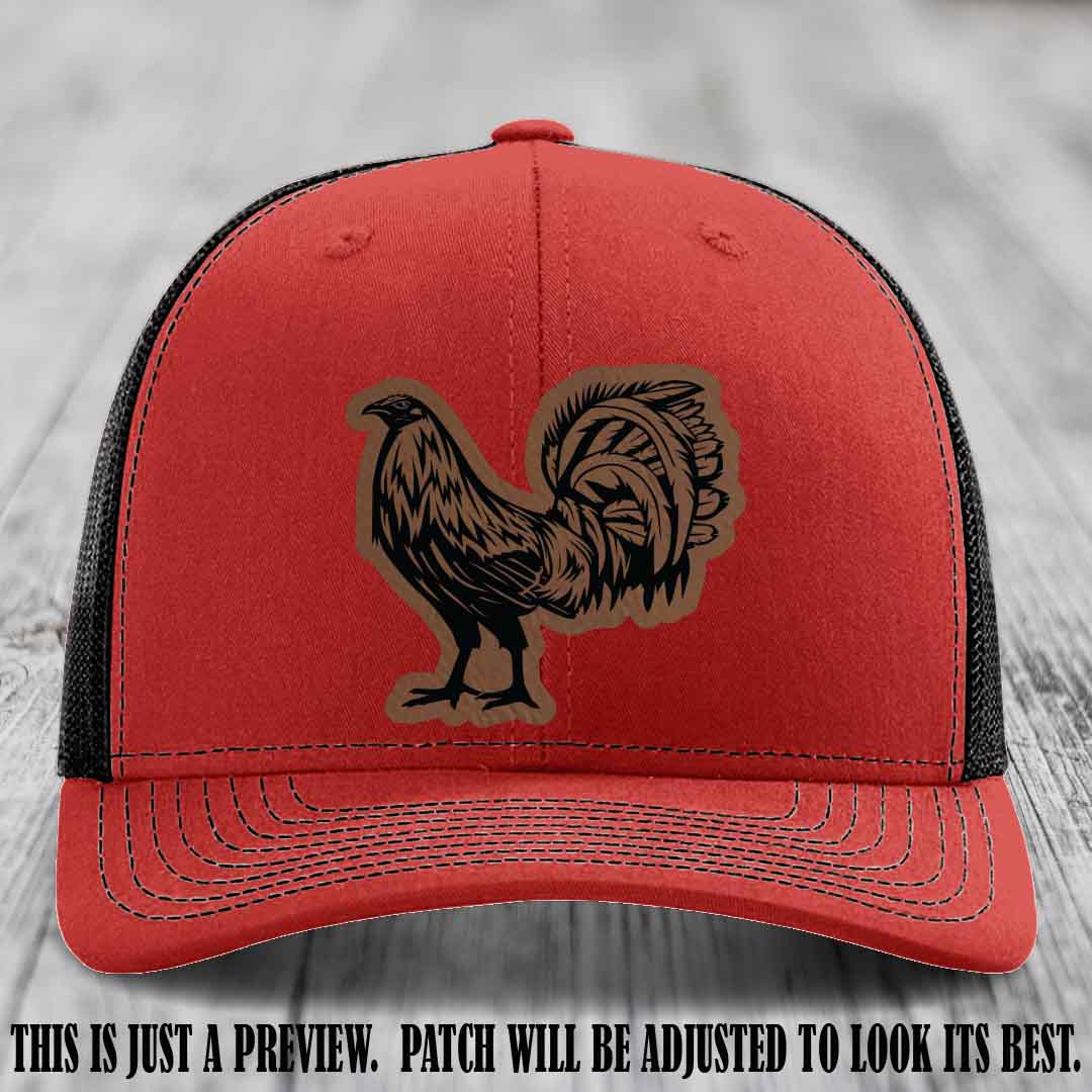 Rooster Rebel Dark Brown to Black Patch on Red to Black Hat Richardson 112 Hat