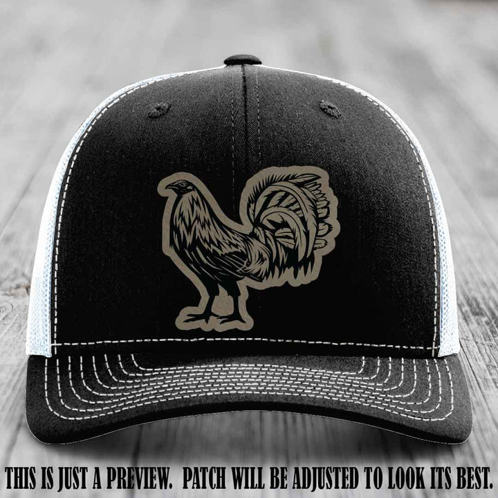 Rooster Rebel Light Brown to Black Patch on Black to White Hat Richardson 112 Hat
