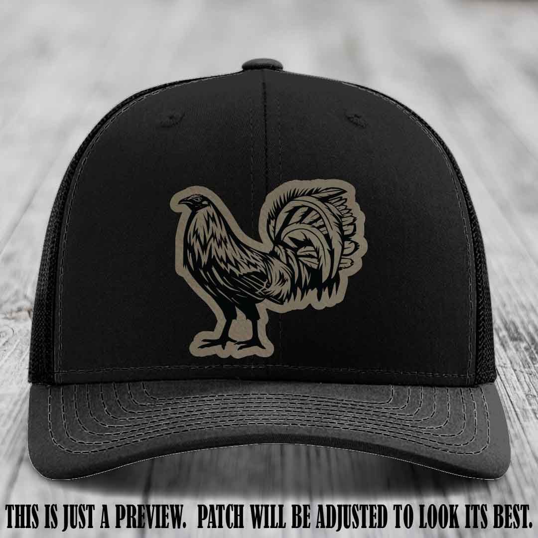 Rooster Rebel Light Brown to Black Patch on Black Hat Richardson 112 Hat