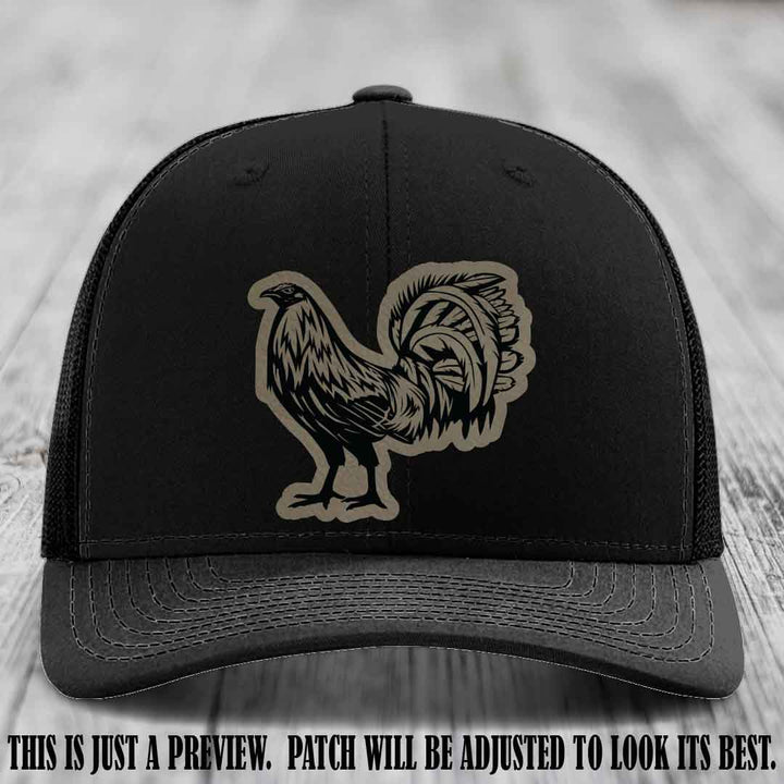 Rooster Rebel Light Brown to Black Patch on Black Hat Richardson 112 Hat