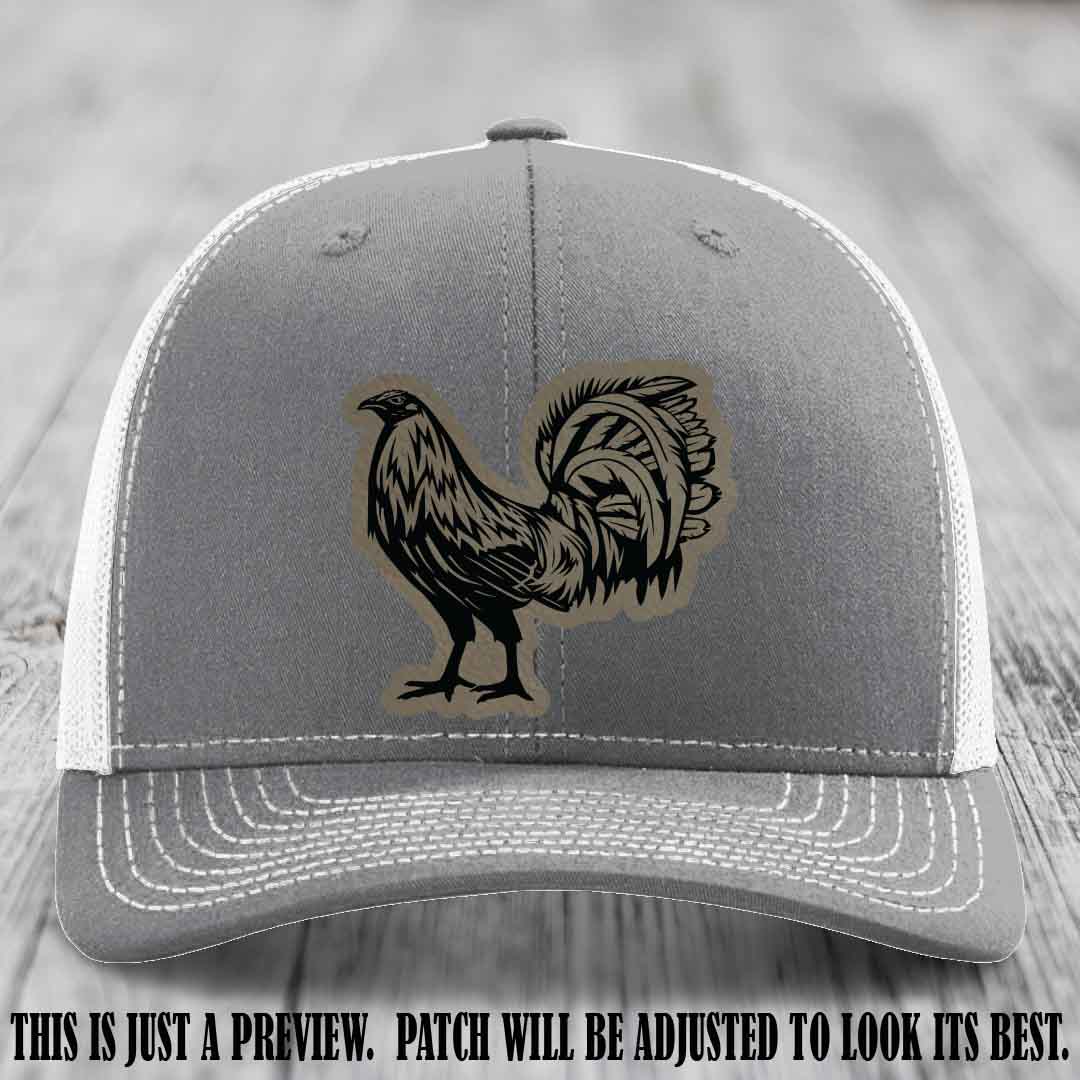 Rooster Rebel Light Brown to Black Patch on Heather Grey to White Hat Richardson 112 Hat