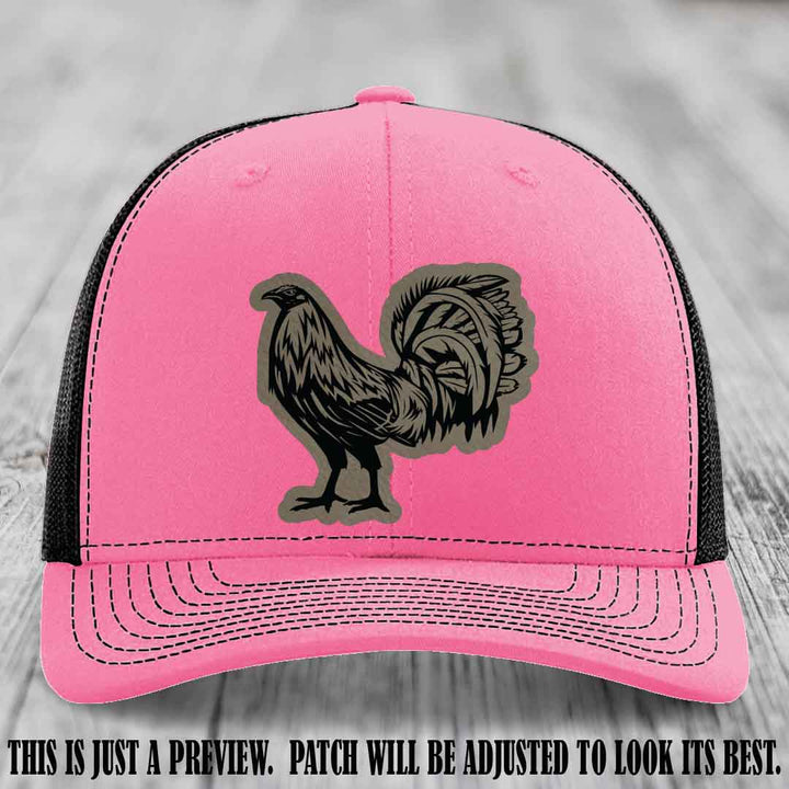 Rooster Rebel Light Brown to Black Patch on Hot Pink to Black Hat Richardson 112 Hat