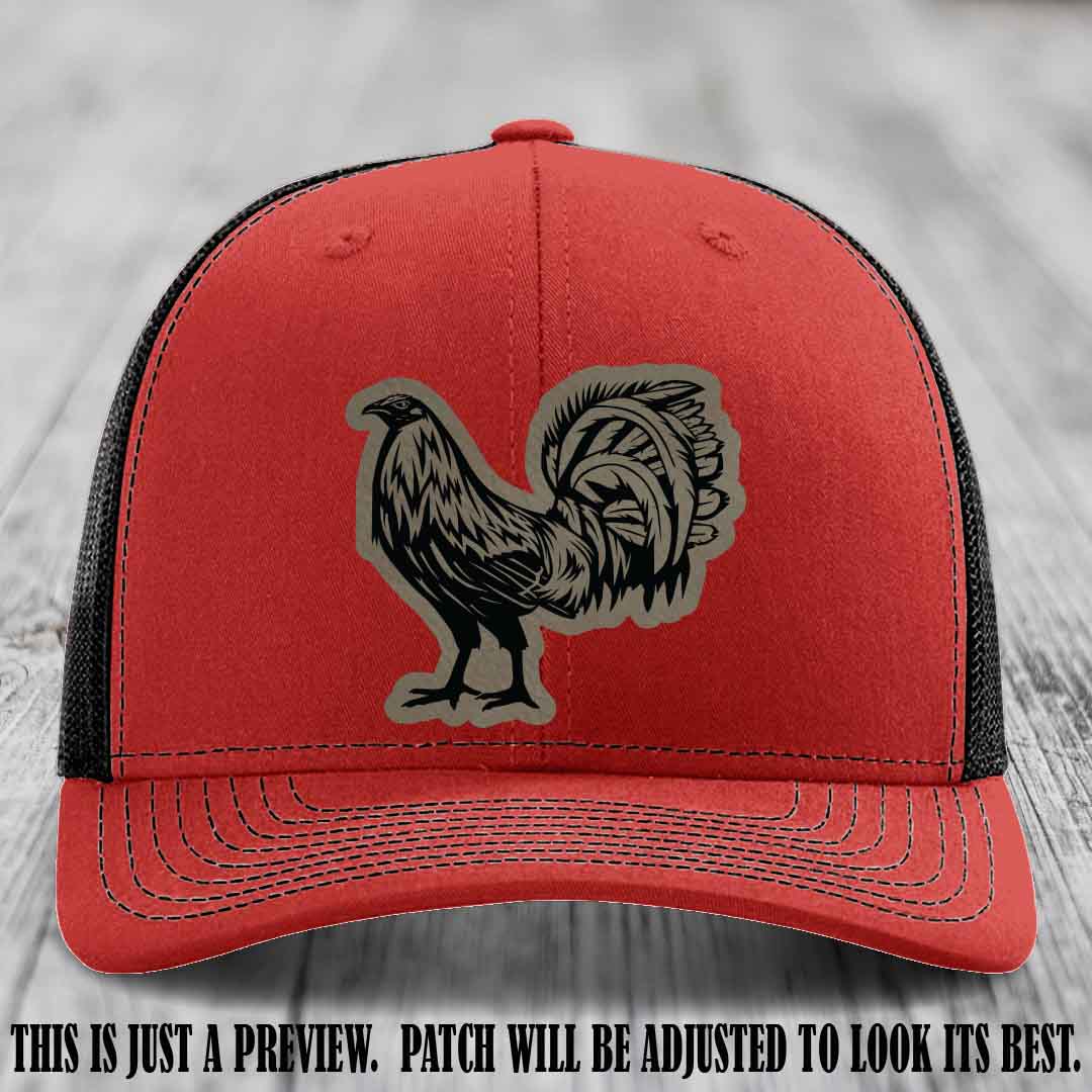Rooster Rebel Light Brown to Black Patch on Red to Black Hat Richardson 112 Hat