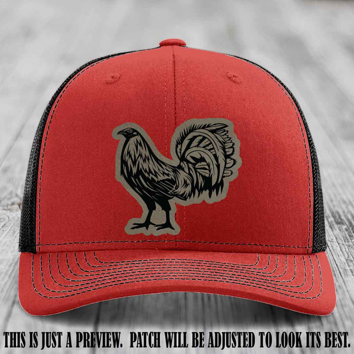 Rooster Rebel Light Brown to Black Patch on Red to Black Hat Richardson 112 Hat