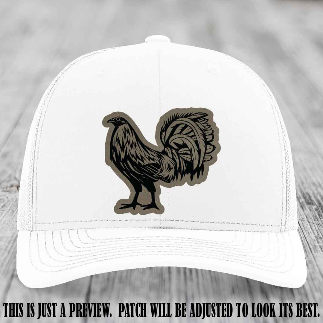 Rooster Rebel Light Brown to Black Patch on White Hat Richardson 112 Hat