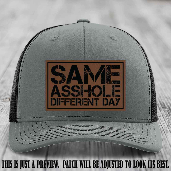 Same Asshole Different Day Dark Brown to Black Patch on Heather Grey to Black Hat - Richardson 112 Leather Patch Hat