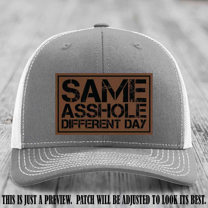 Same Asshole Different Day Dark Brown to Black Patch on Heather Grey to White Hat - Richardson 112 Leather Patch Hat