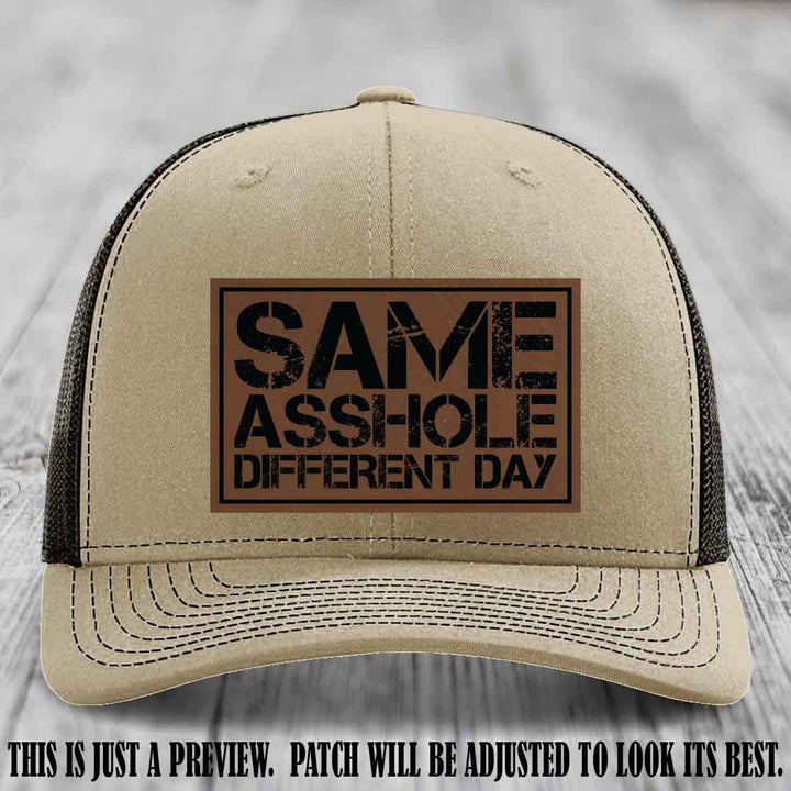 Same Asshole Different Day Dark Brown to Black Patch on Khaki to Coffee Hat - Richardson 112 Leather Patch Hat