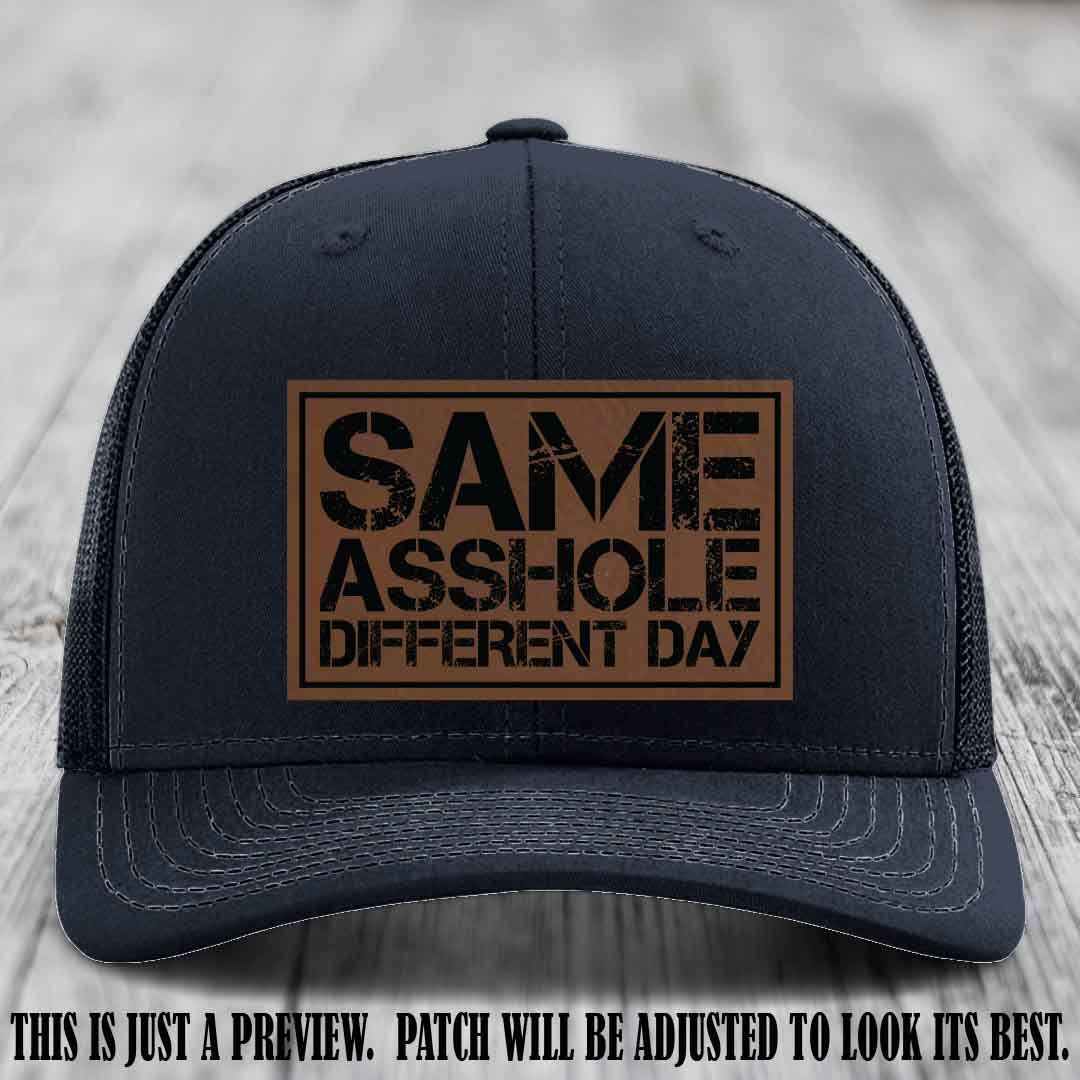 Same Asshole Different Day Dark Brown to Black Patch on Navy Hat - Richardson 112 Leather Patch Hat