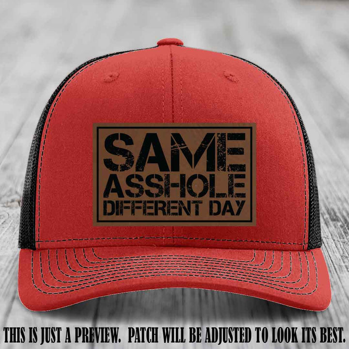 Same Asshole Different Day Dark Brown to Black Patch on Red to Black Hat - Richardson 112 Leather Patch Hat
