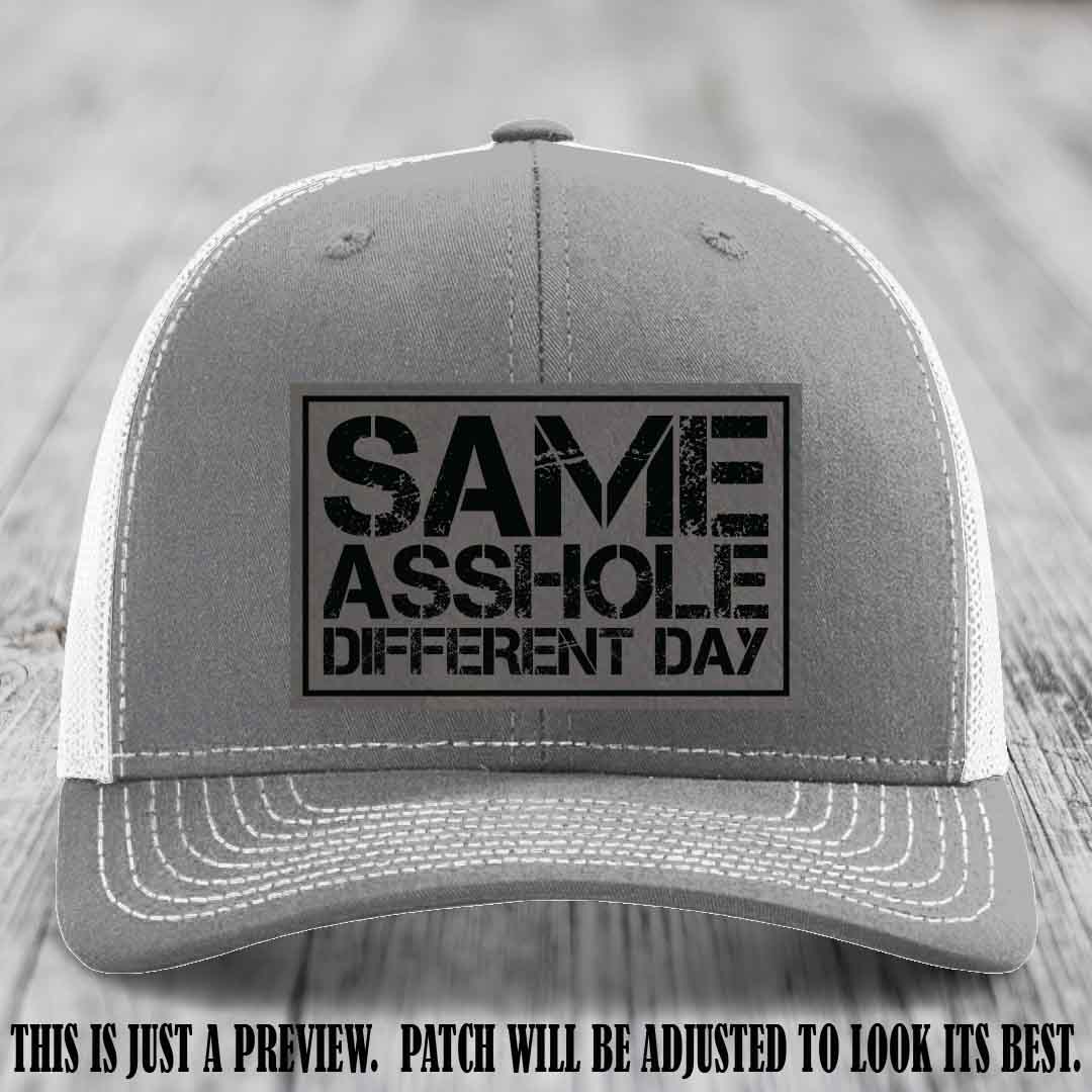 Same Asshole Different Day Grey to Black Patch on Heather Grey to White Hat - Richardson 112 Leather Patch Hat