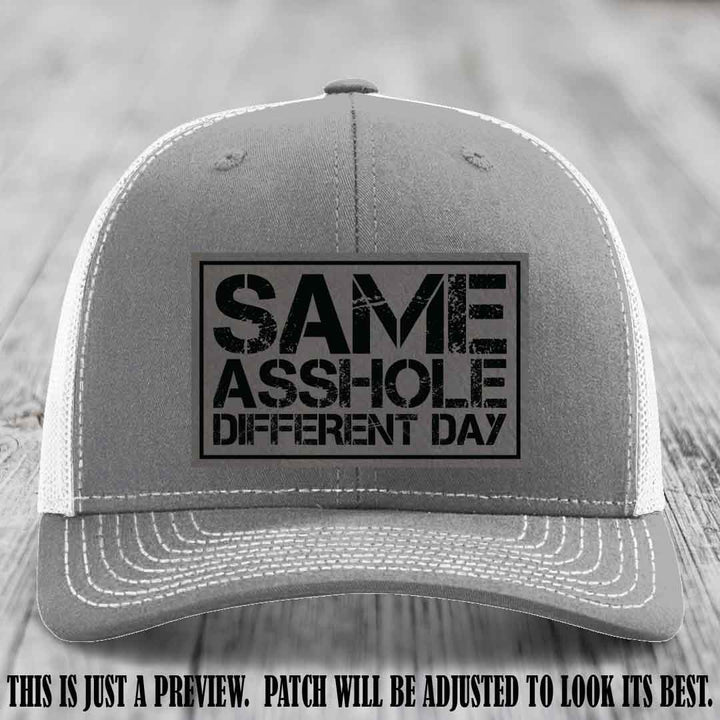 Same Asshole Different Day Grey to Black Patch on Heather Grey to White Hat - Richardson 112 Leather Patch Hat