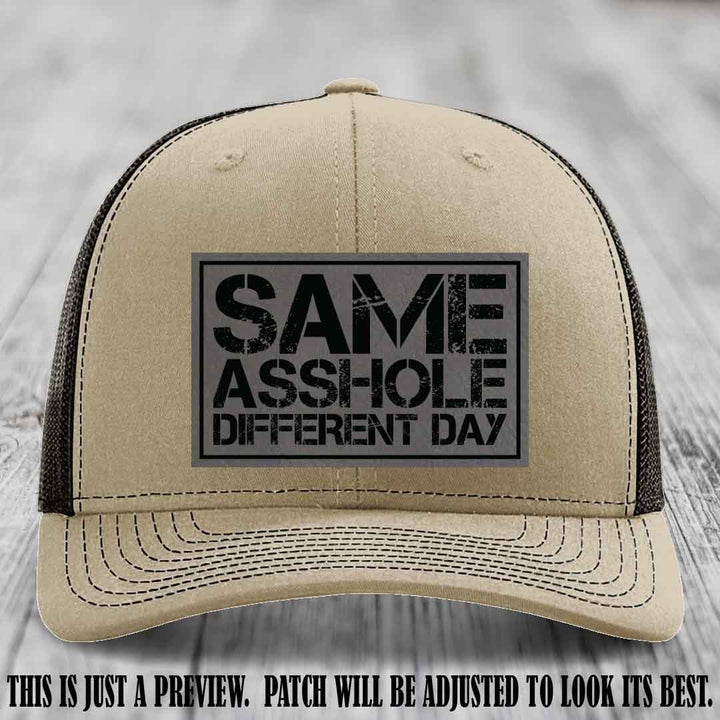 Same Asshole Different Day Grey to Black Patch on Khaki to Coffee Hat - Richardson 112 Leather Patch Hat