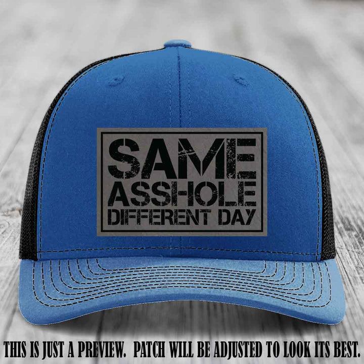 Same Asshole Different Day Grey to Black Patch on Royal to Black Hat - Richardson 112 Leather Patch Hat