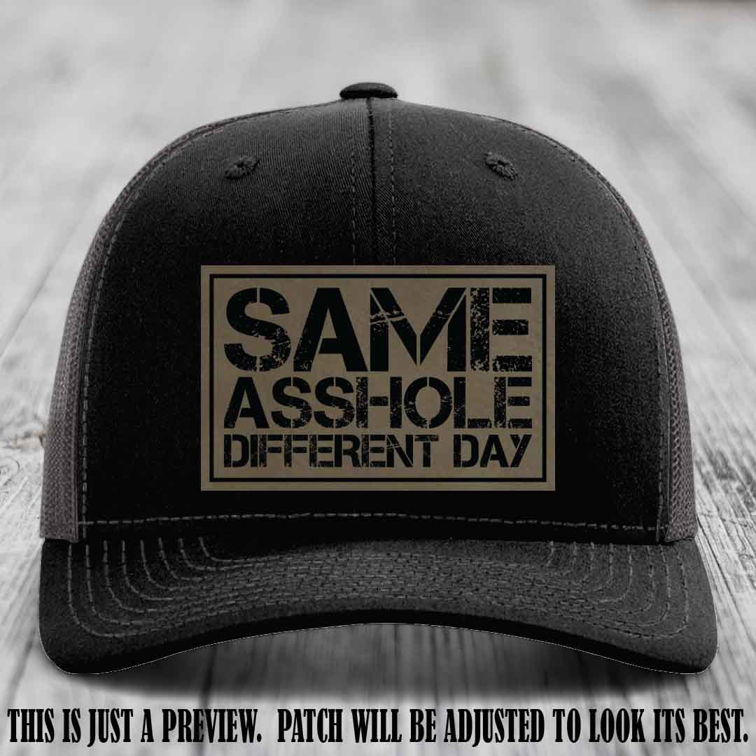 Same Asshole Different Day Light Brown to Black Patch on Black to Charcoal Hat - Richardson 112 Leather Patch Hat