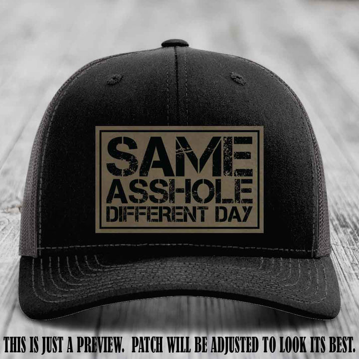 Same Asshole Different Day Light Brown to Black Patch on Black to Charcoal Hat - Richardson 112 Leather Patch Hat