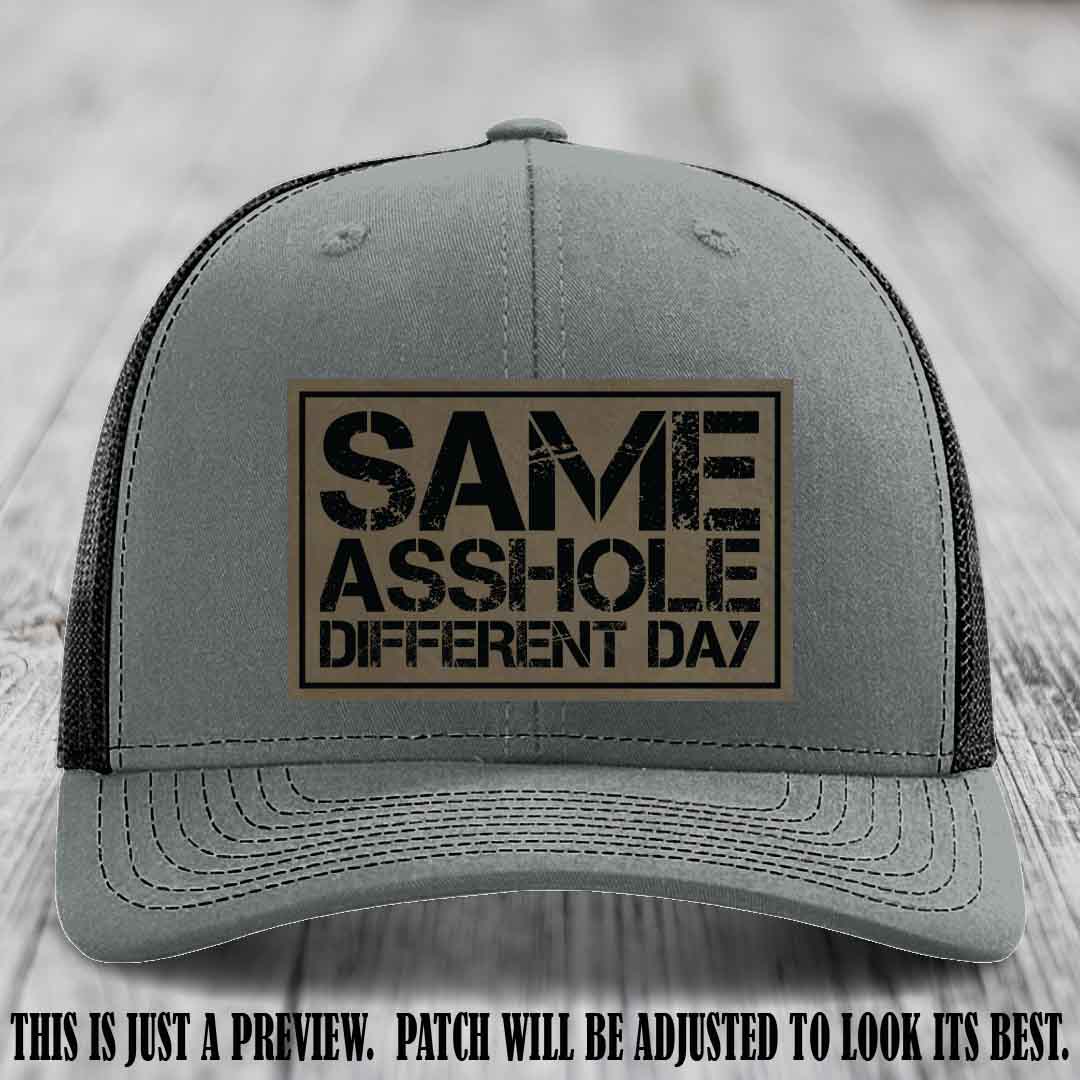 Same Asshole Different Day Light Brown to Black Patch on Heather Grey to Black Hat - Richardson 112 Leather Patch Hat